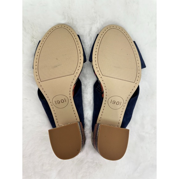 1901 Suede Knotted Bow Sandals Womens Sz 7.5M Blue Boho Woven Raffia Block Heels - Picture 6 of 11